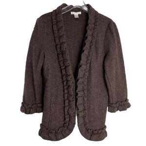 Susan Bristol Hook And eye Closure Wool Cardigan Sweater Ruffle VTG Brown Large